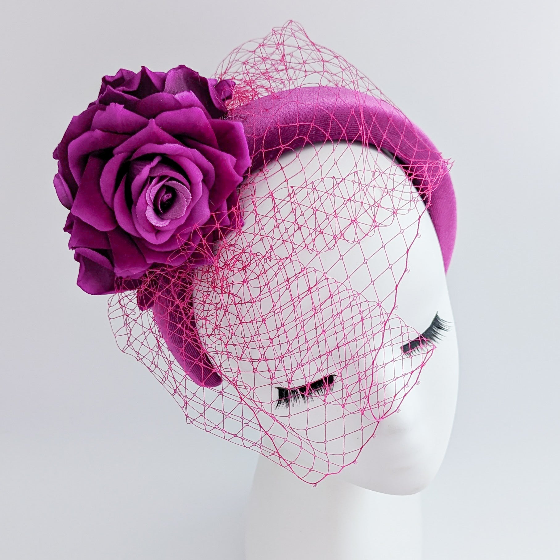 Magenta pink flower padded velvet headband fascinator