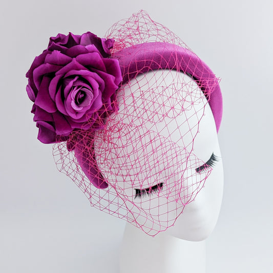 Magenta pink flower padded velvet headband fascinator
