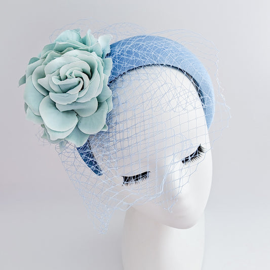 Light cornflower blue aquamarine flower padded velvet headband fascinator