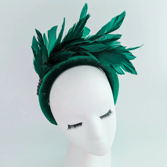 Dark emerald green feather padded velvet headband fascinator House of Hats