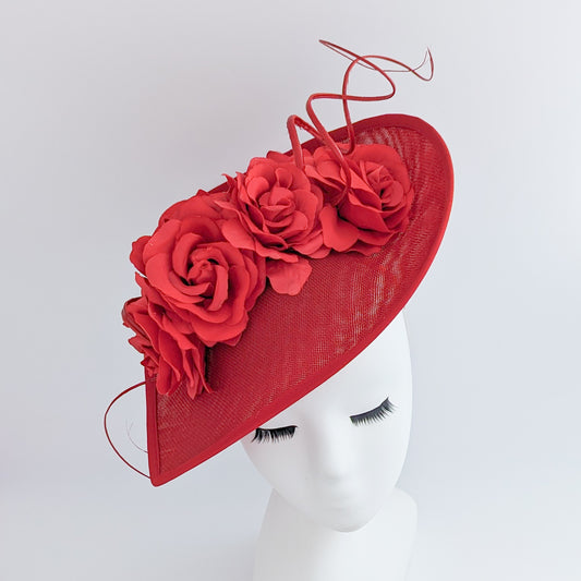 Red large teardrop rose flower fascinator hat