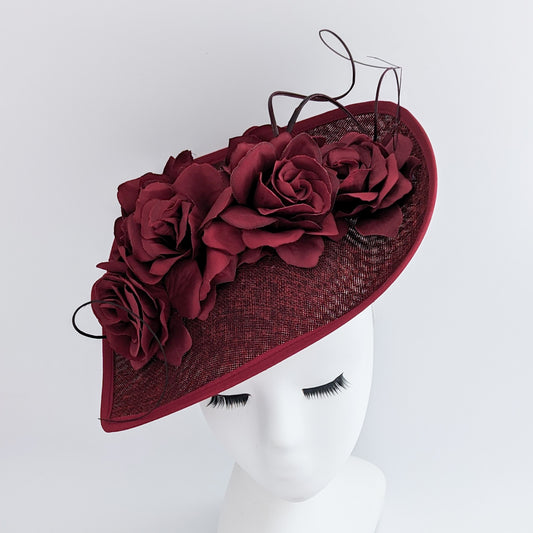 Burgundy large teardrop rose flower fascinator hat