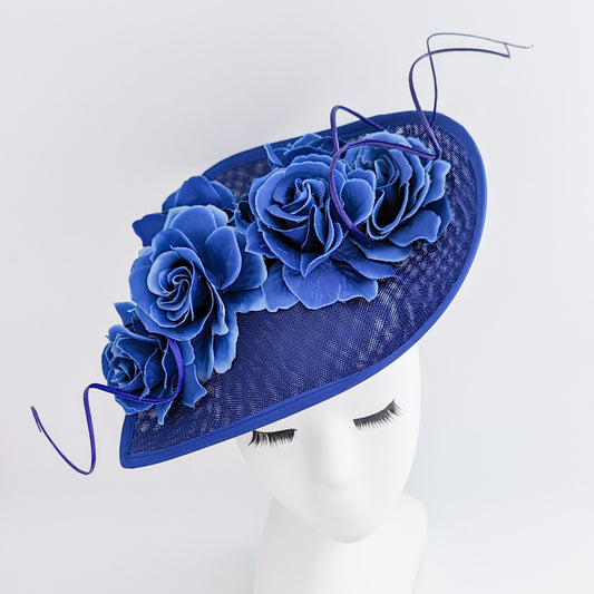 Royal cobalt blue large teardrop rose flower fascinator hat