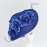 Royal cobalt blue large teardrop rose flower fascinator hat