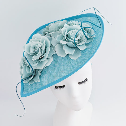 Aqua sky blue large teardrop rose flower fascinator hat