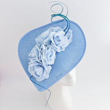 Light cornflower blue large teardrop rose flower fascinator hat