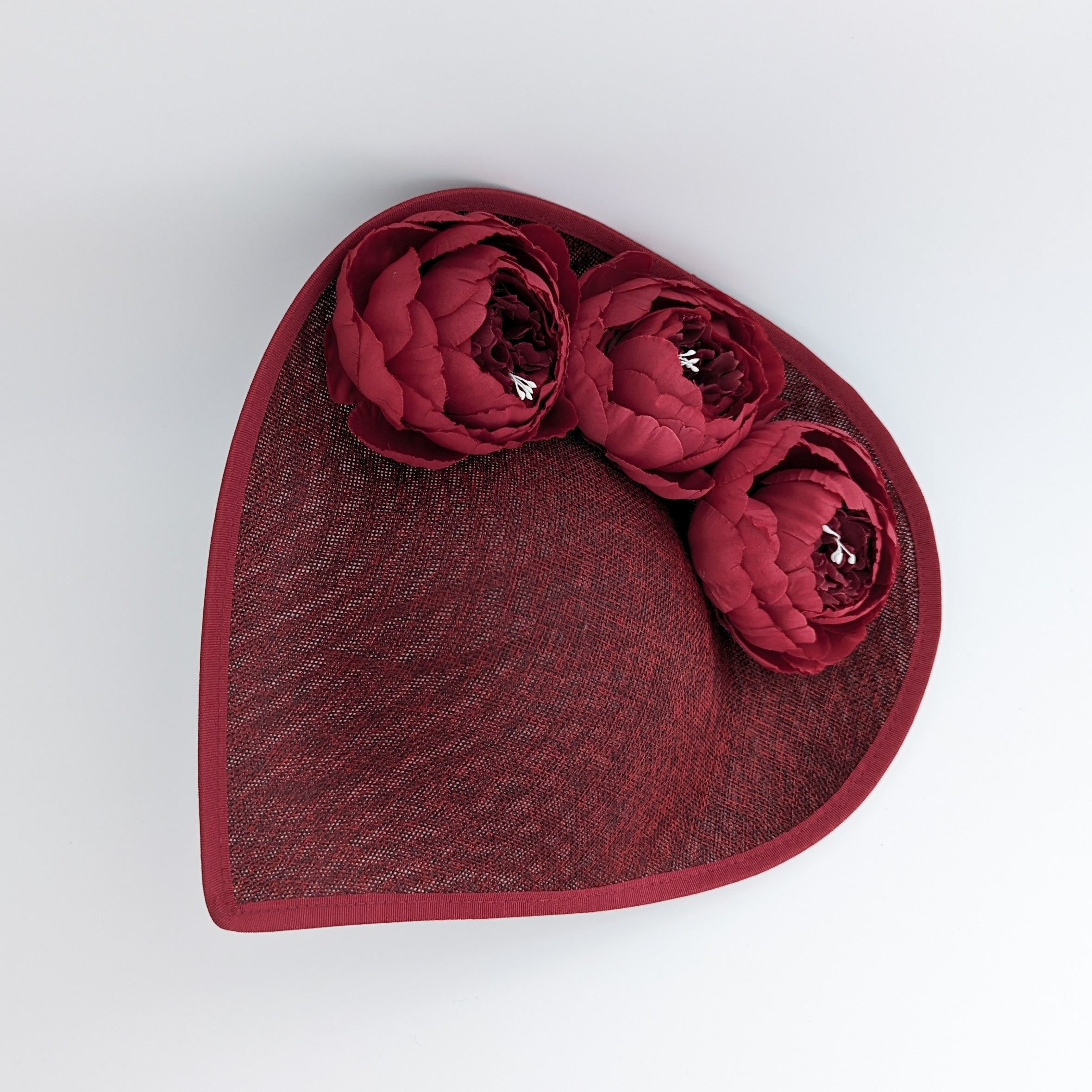 Burgundy large teardrop peony flower fascinator hat Burgundy large teardrop peony flower fascinator hat