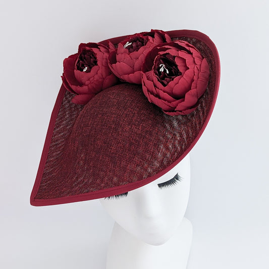 Burgundy large teardrop peony flower fascinator hat