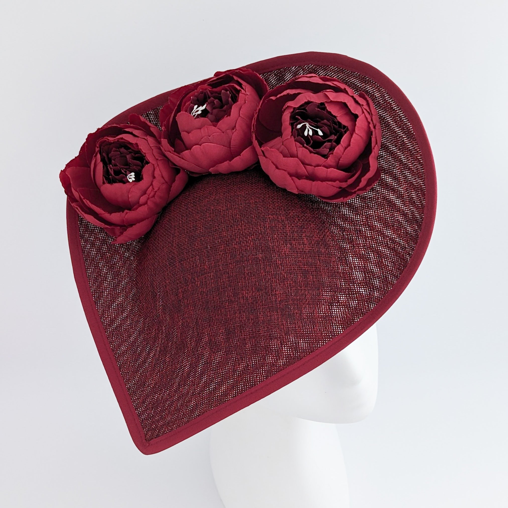 Burgundy large teardrop peony flower fascinator hat Burgundy large teardrop peony flower fascinator hat