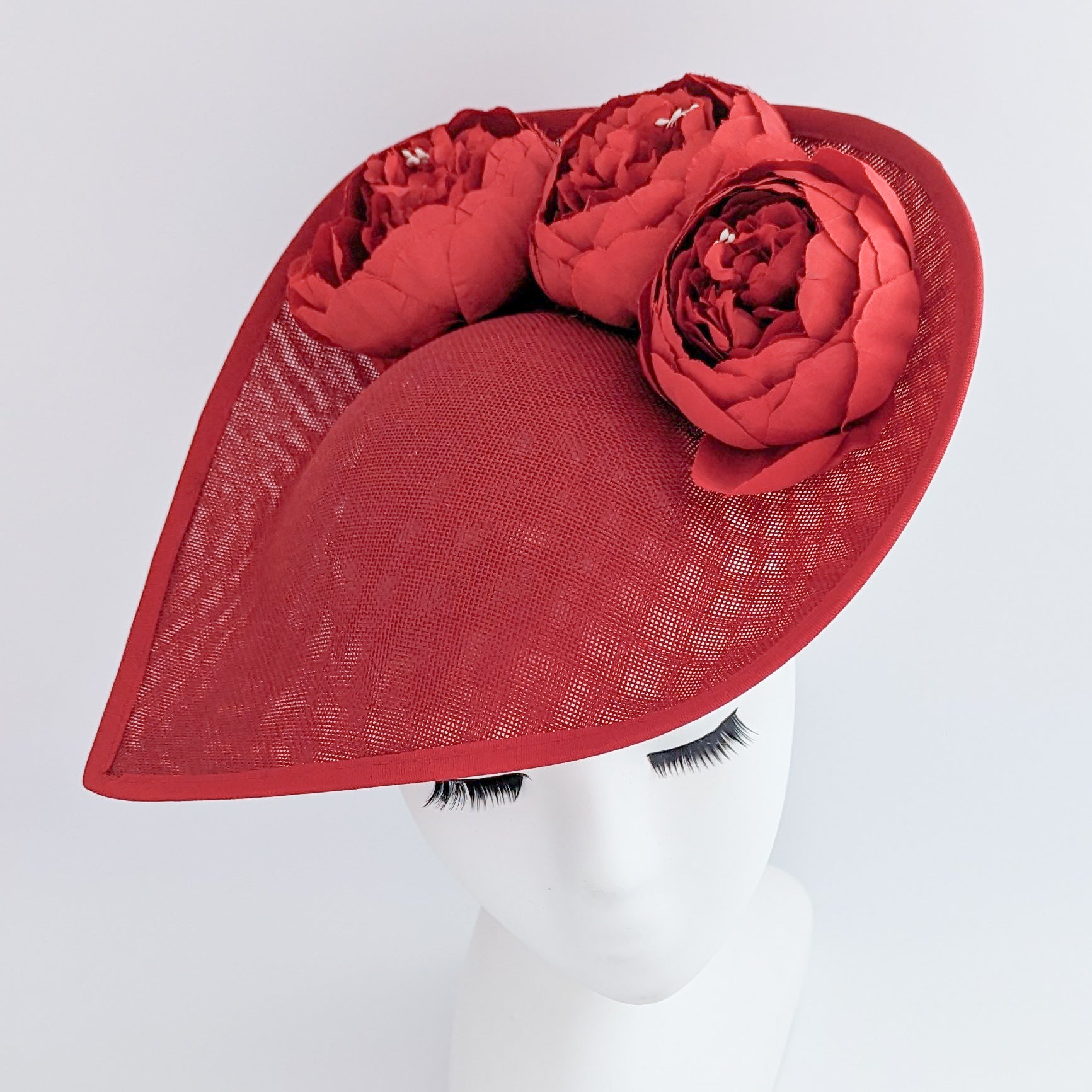 Red large teardrop peony flower fascinator hat