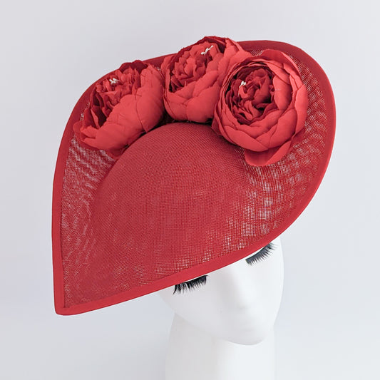 Red large teardrop peony flower fascinator hat