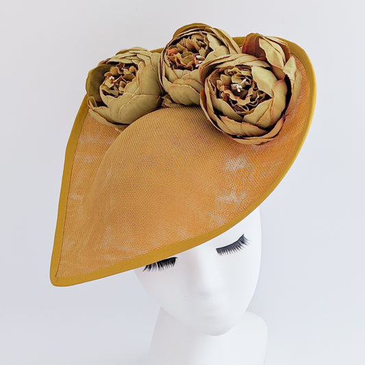 Golden ochre yellow large teardrop peony flower fascinator hat