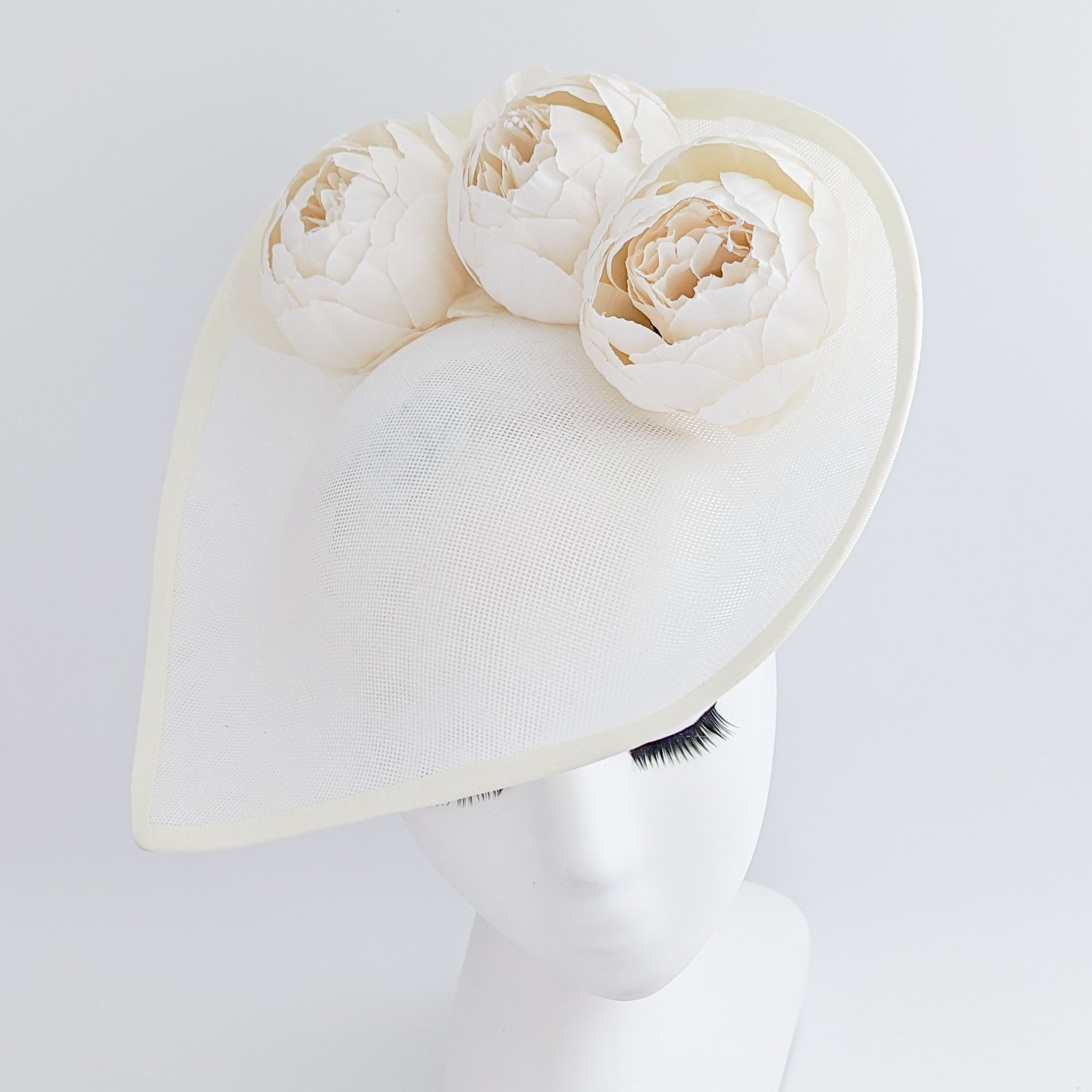 Cream large teardrop peony flower fascinator hat