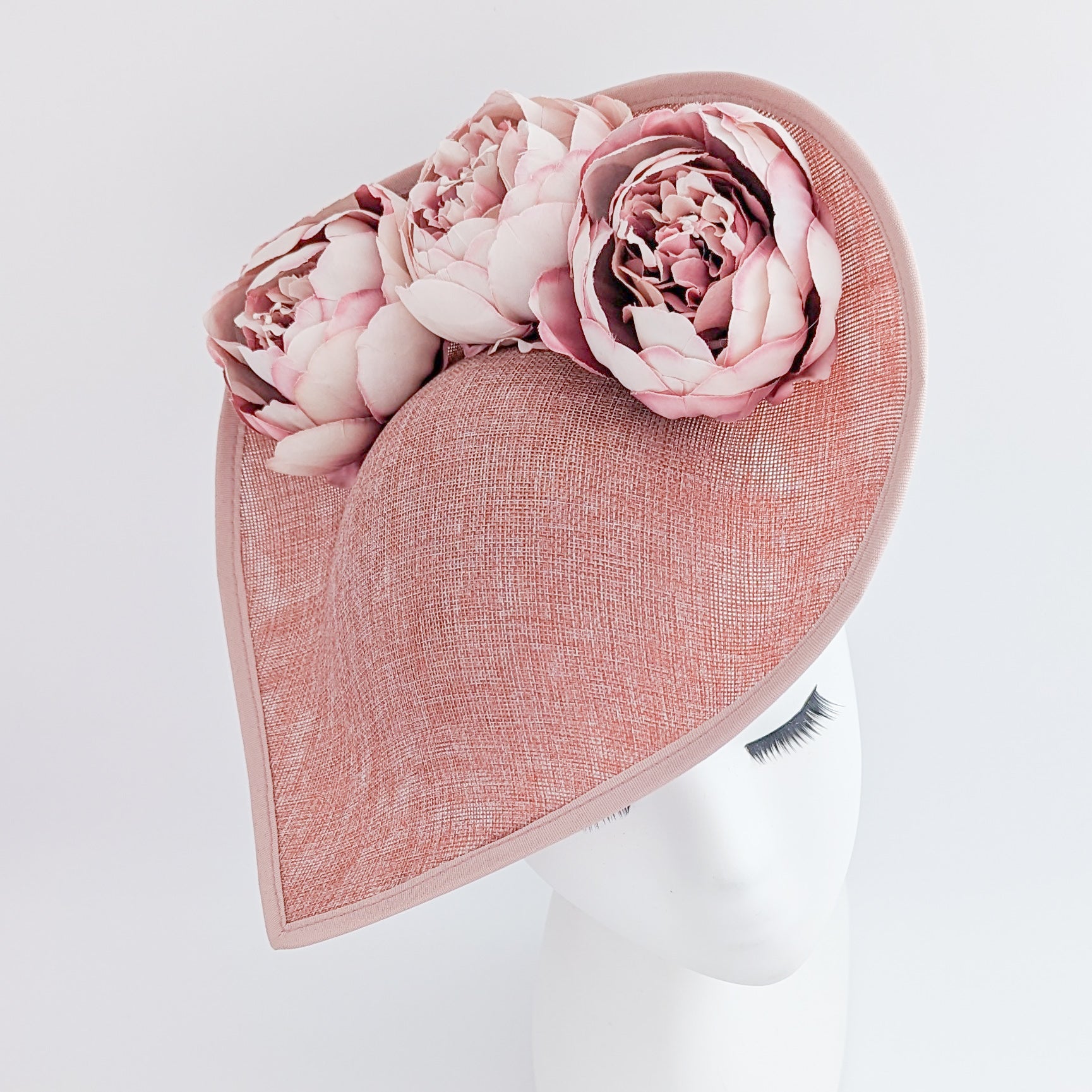 Blush pink large teardrop peony flower fascinator hat