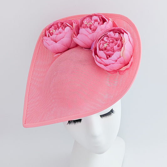 Pink large teardrop peony flower fascinator hat
