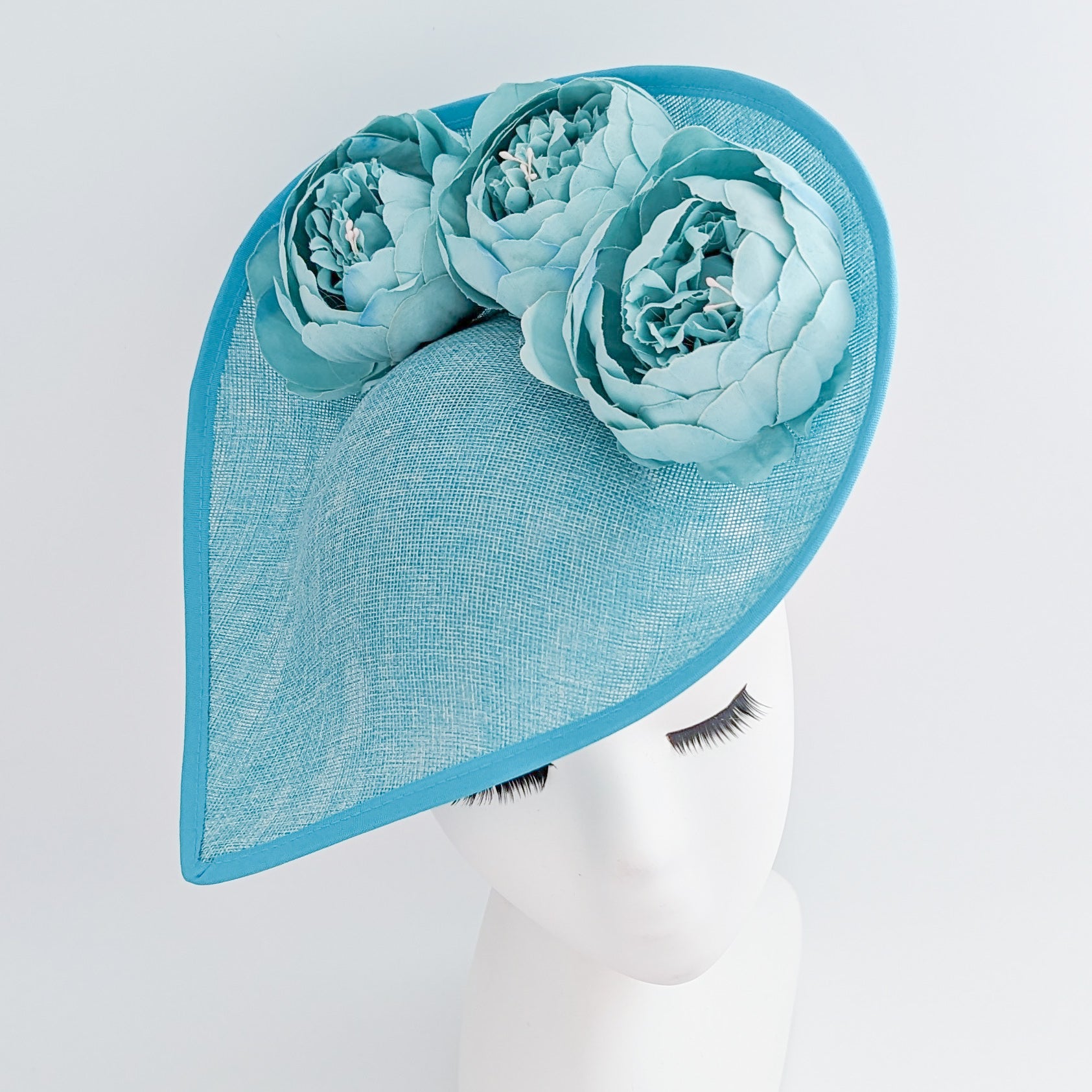 Aqua sky blue large teardrop peony flower fascinator hat Aqua sky blue large teardrop peony flower fascinator hat