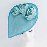 Aqua sky blue large teardrop peony flower fascinator hat