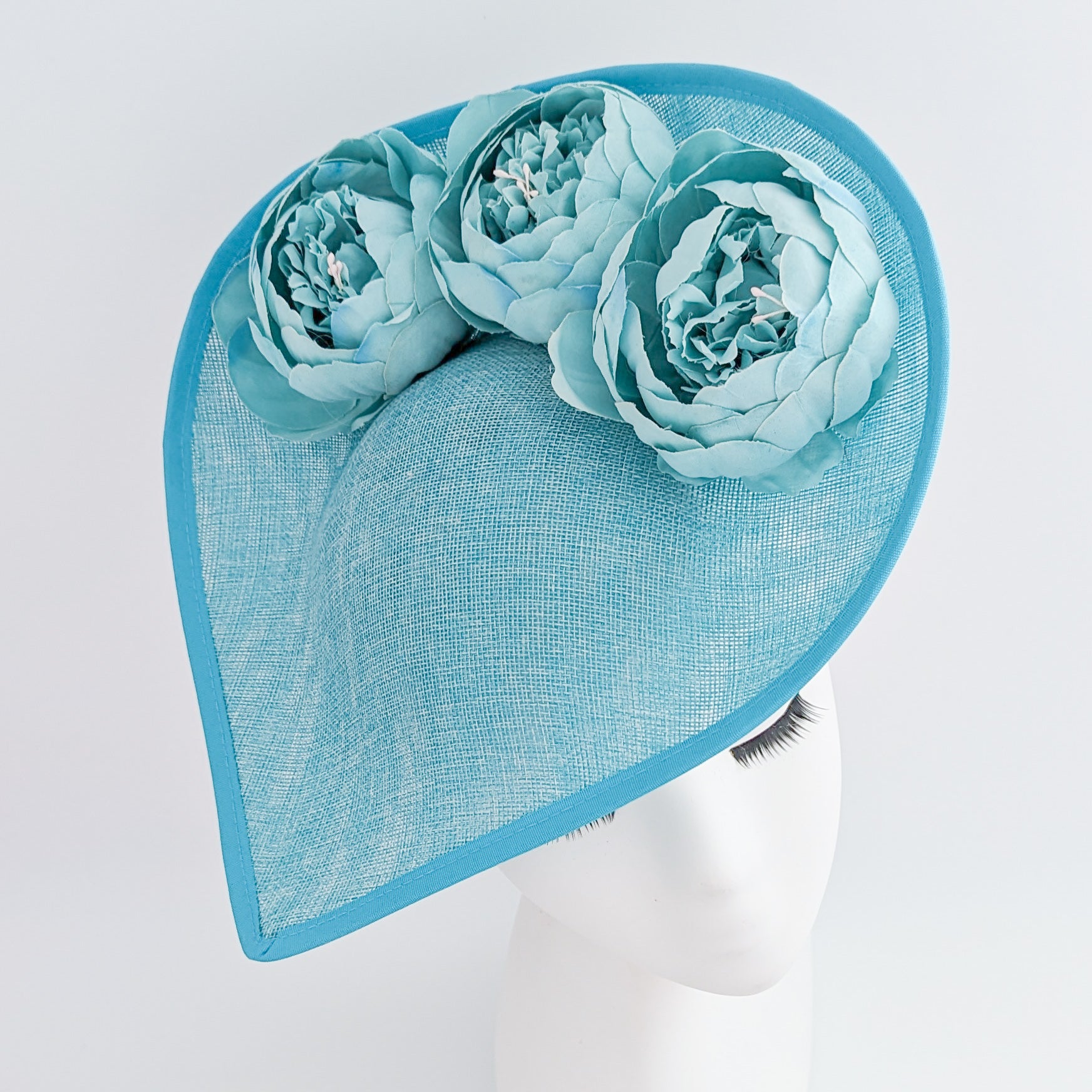 Aqua sky blue large teardrop peony flower fascinator hat