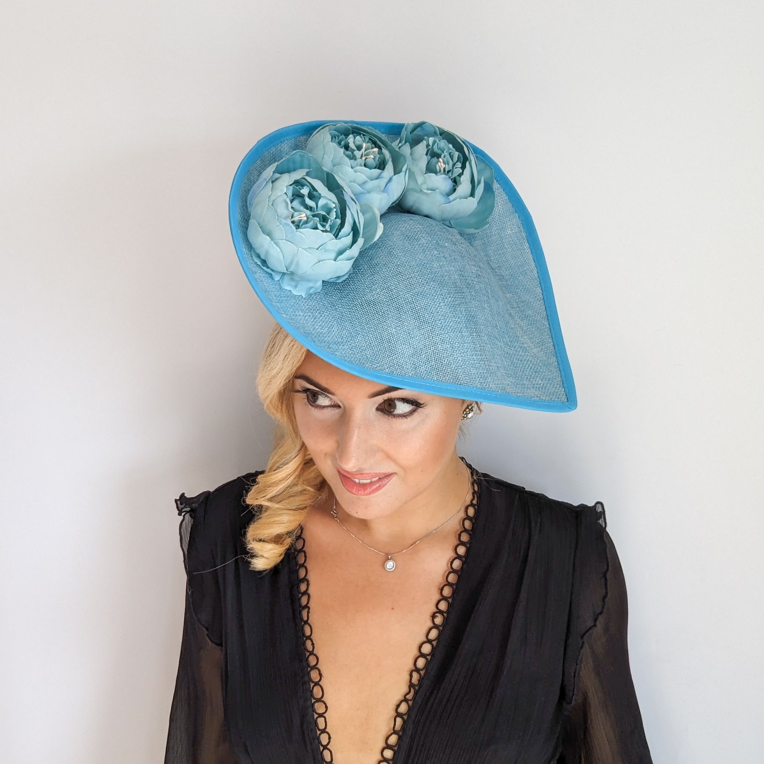 Aqua sky blue large teardrop peony flower fascinator hat Aqua sky blue large teardrop peony flower fascinator hat