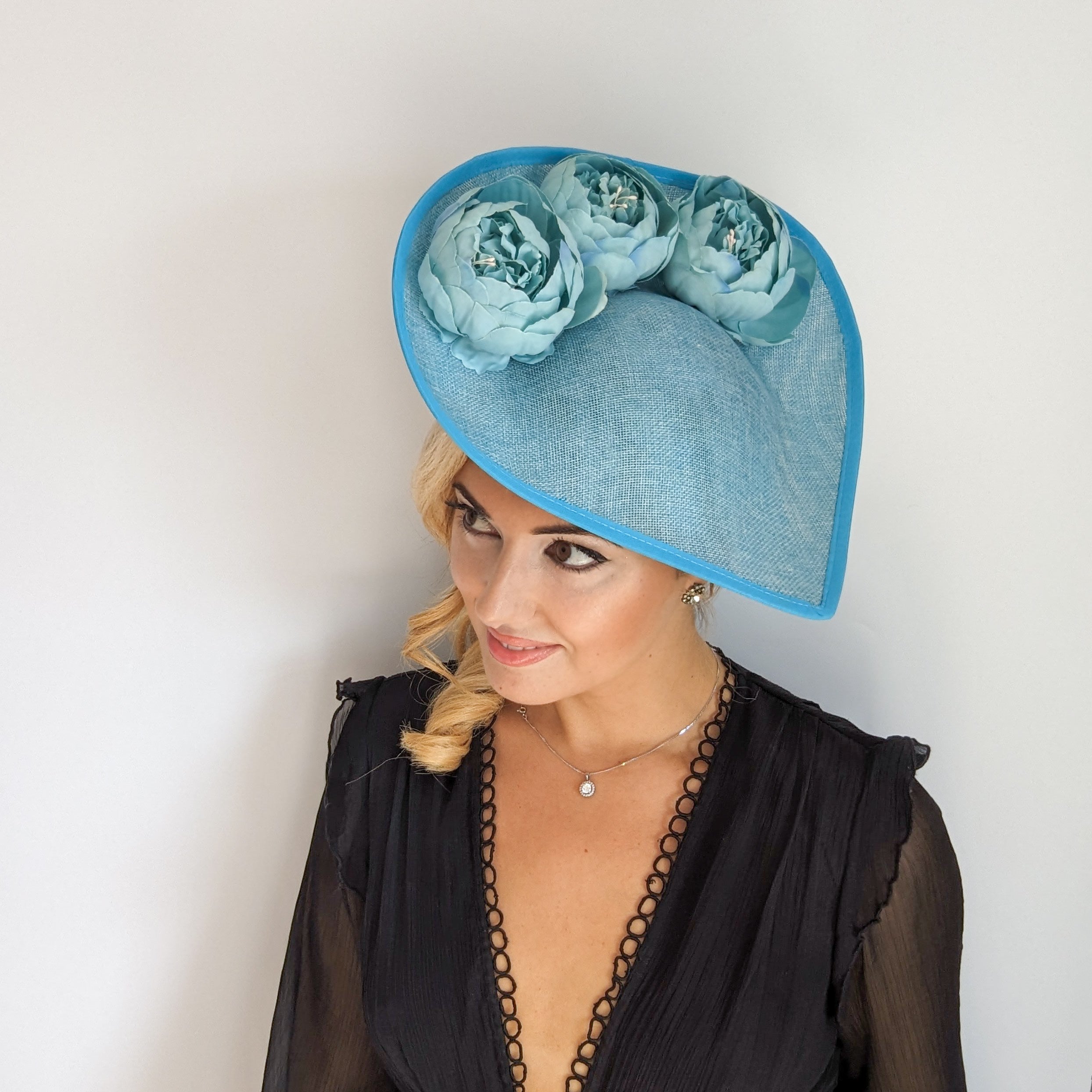 Aqua sky blue large teardrop peony flower fascinator hat Aqua sky blue large teardrop peony flower fascinator hat
