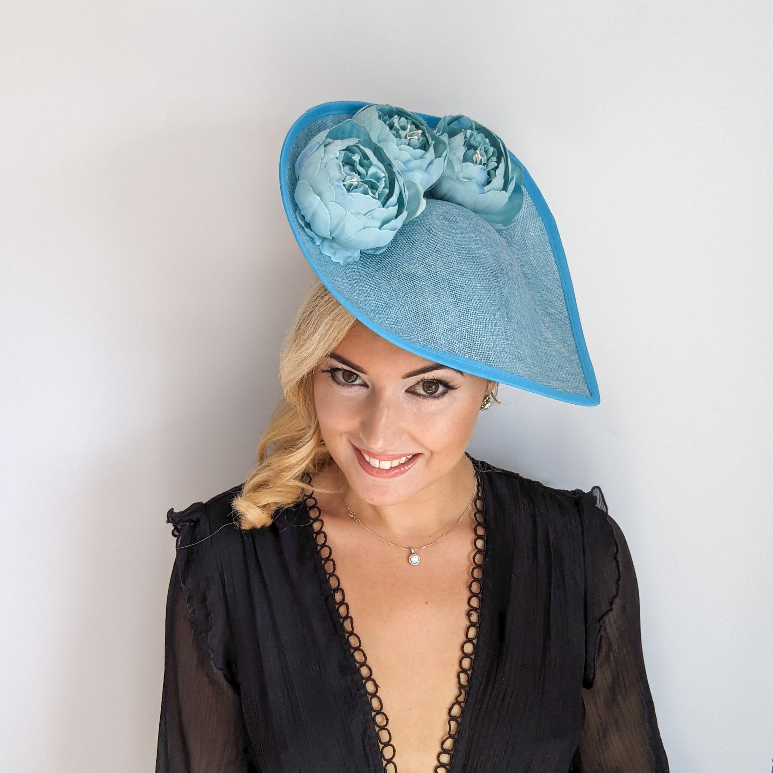 Aqua sky blue large teardrop peony flower fascinator hat Aqua sky blue large teardrop peony flower fascinator hat