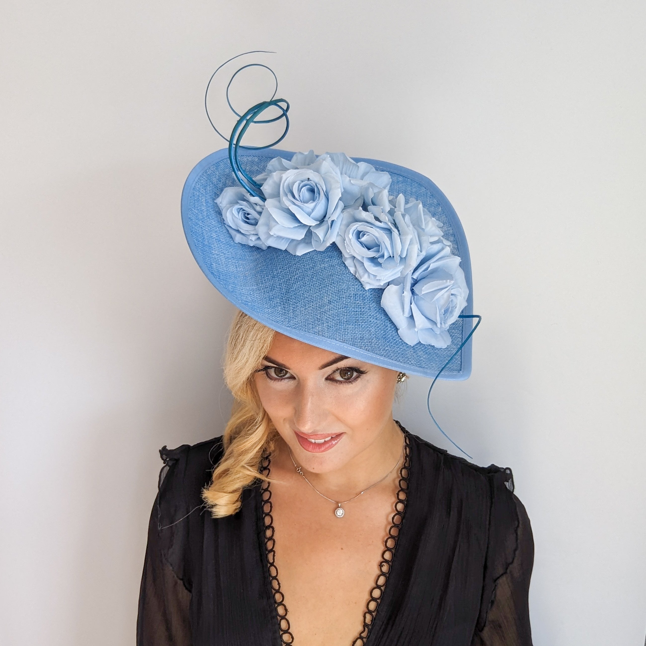 Light cornflower blue large teardrop rose flower fascinator hat