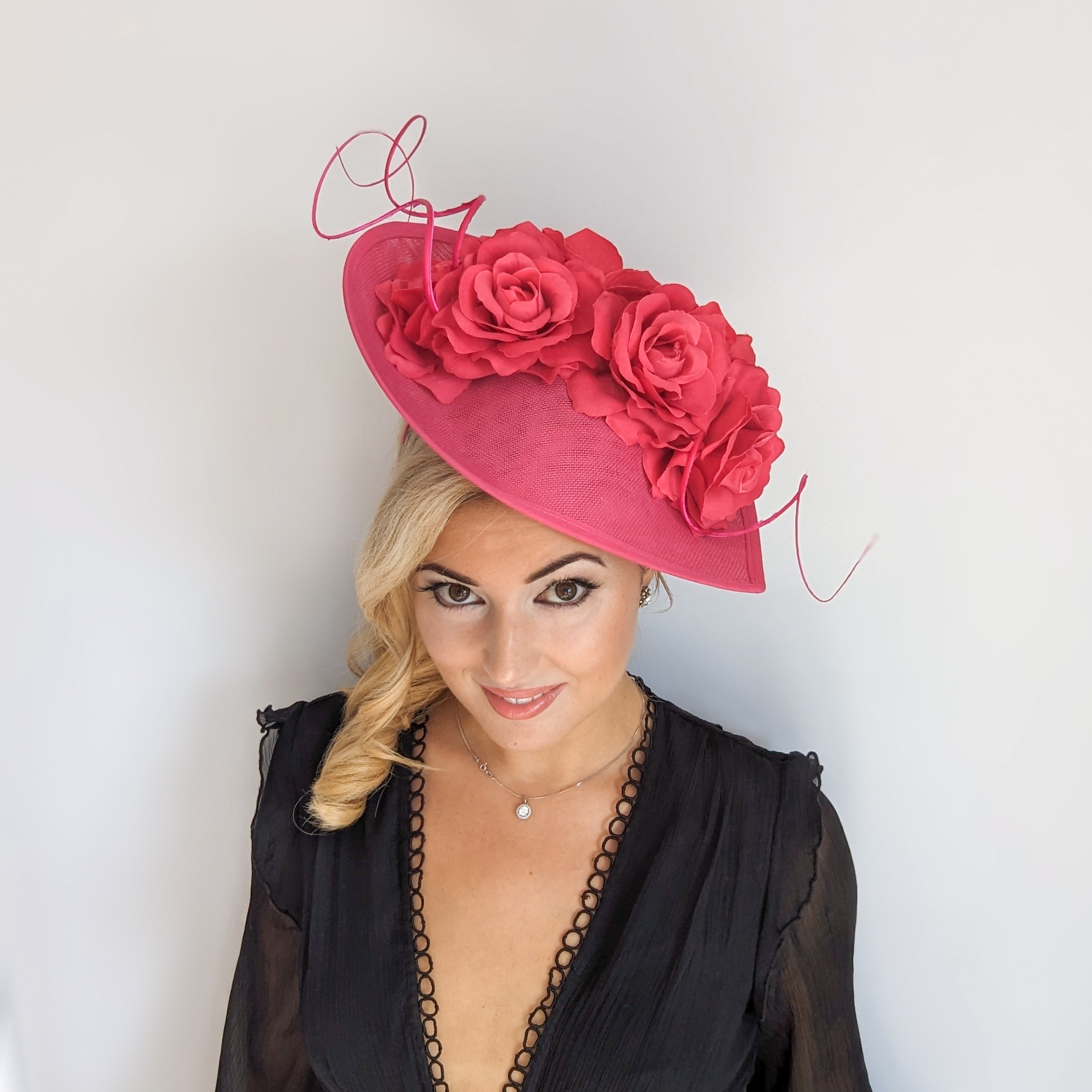 Fuchsia pink large teardrop rose flower fascinator hat Fuchsia pink large teardrop rose flower fascinator hat