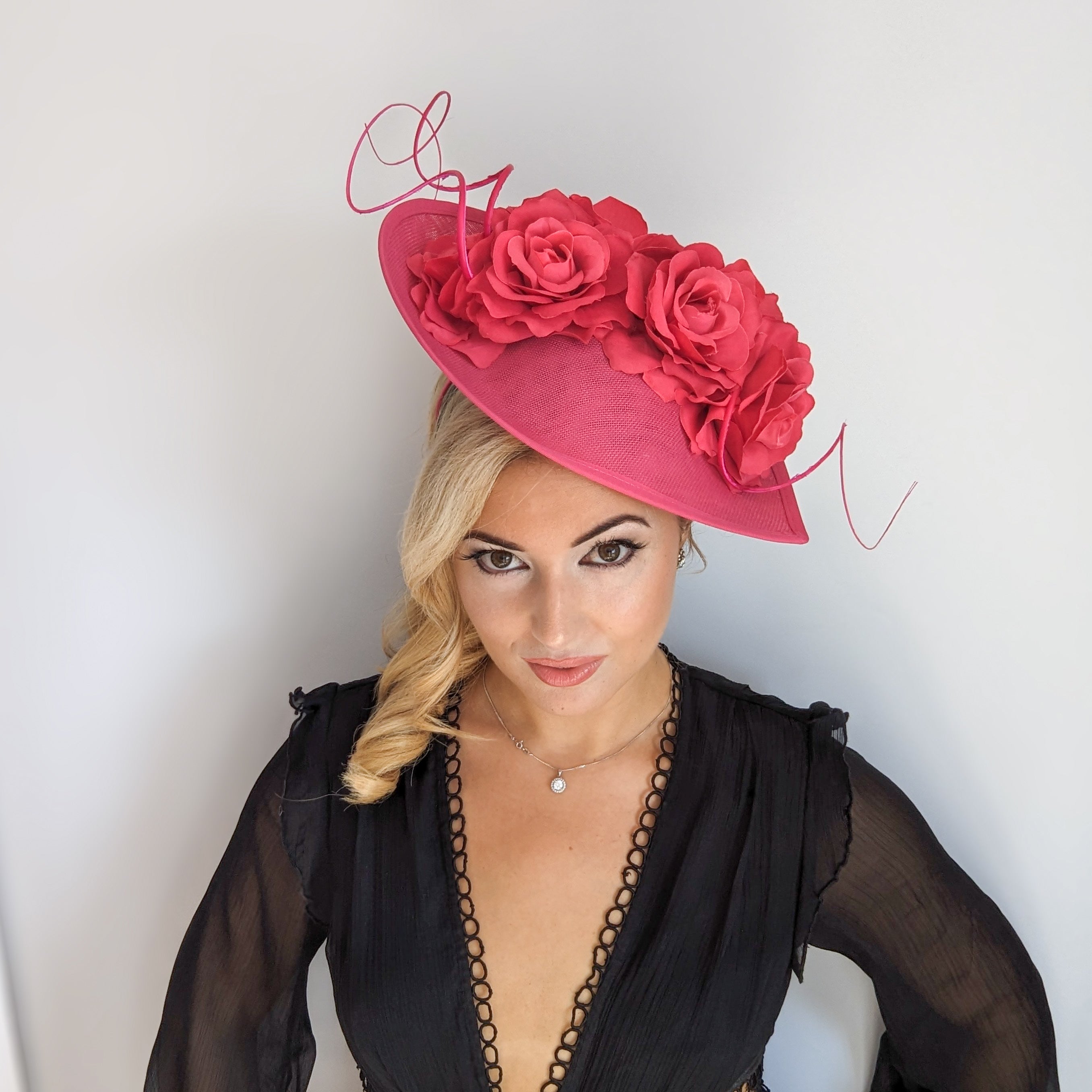 Fuchsia pink large teardrop rose flower fascinator hat Fuchsia pink large teardrop rose flower fascinator hat
