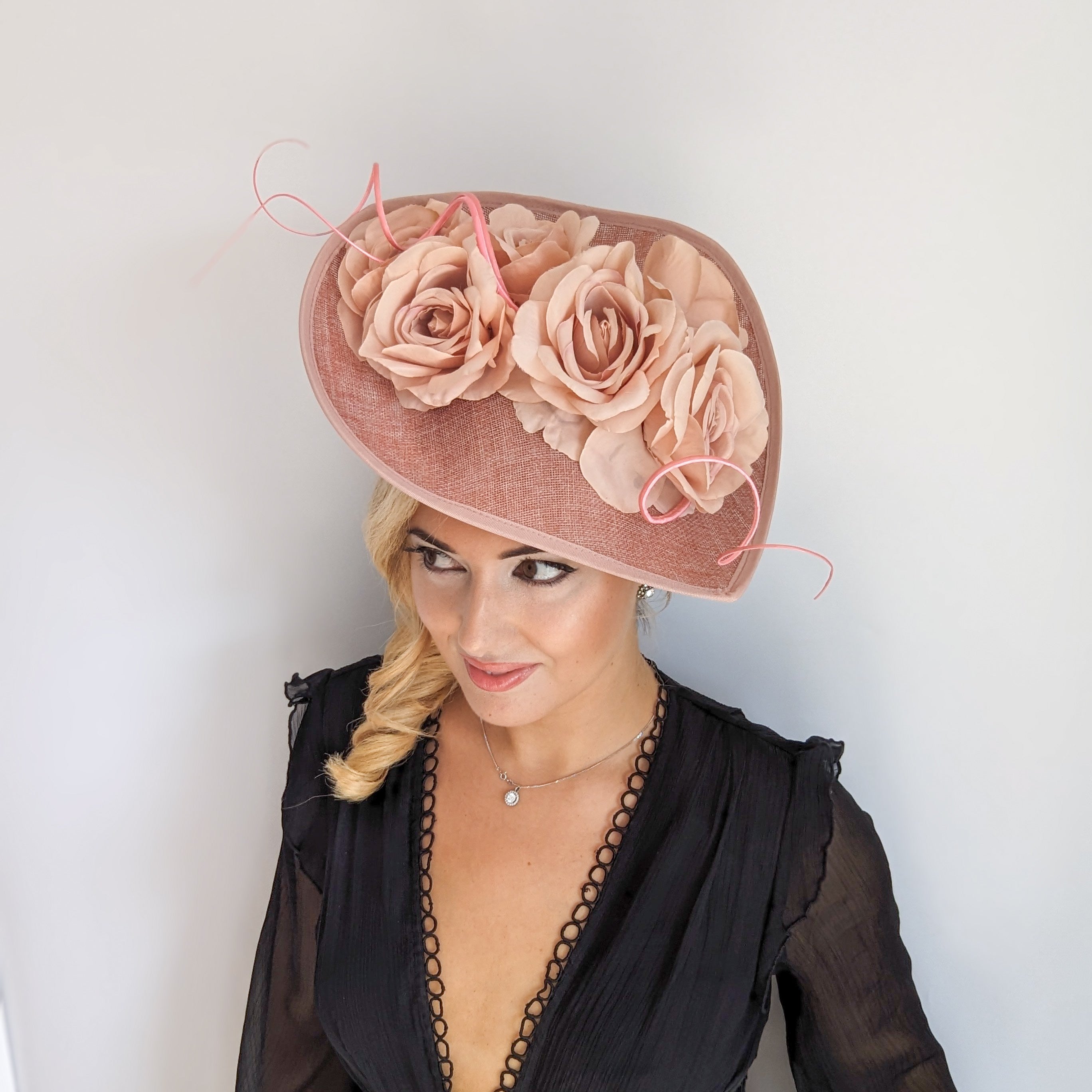 Blush pink large teardrop rose flower fascinator hat