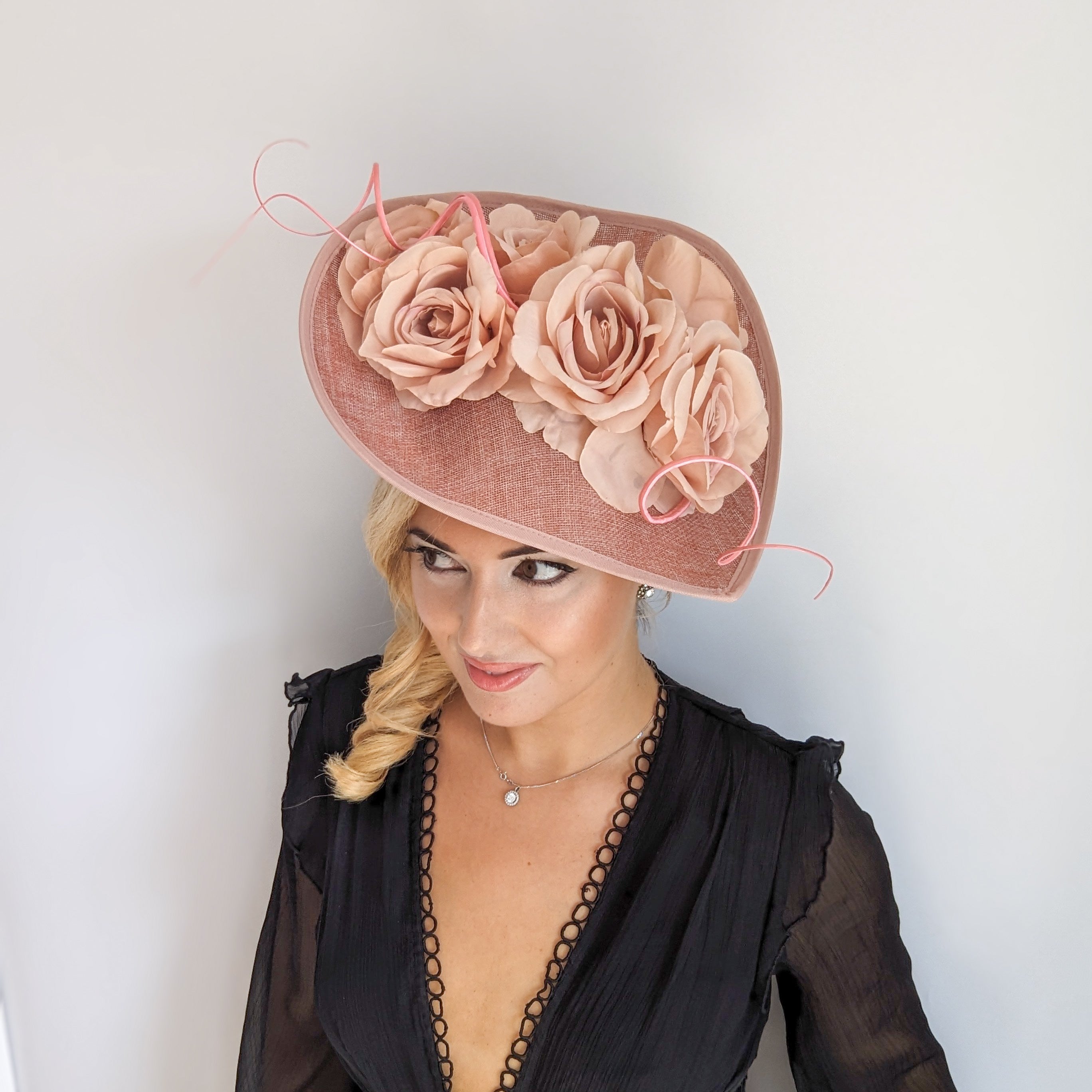 Blush pink large teardrop rose flower fascinator hat Blush pink large teardrop rose flower fascinator hat