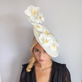 Cream large white orchid flower saucer disc fascinator hat
