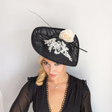 Black white large teardrop rose flower fascinator hat Black white large teardrop rose flower fascinator hat