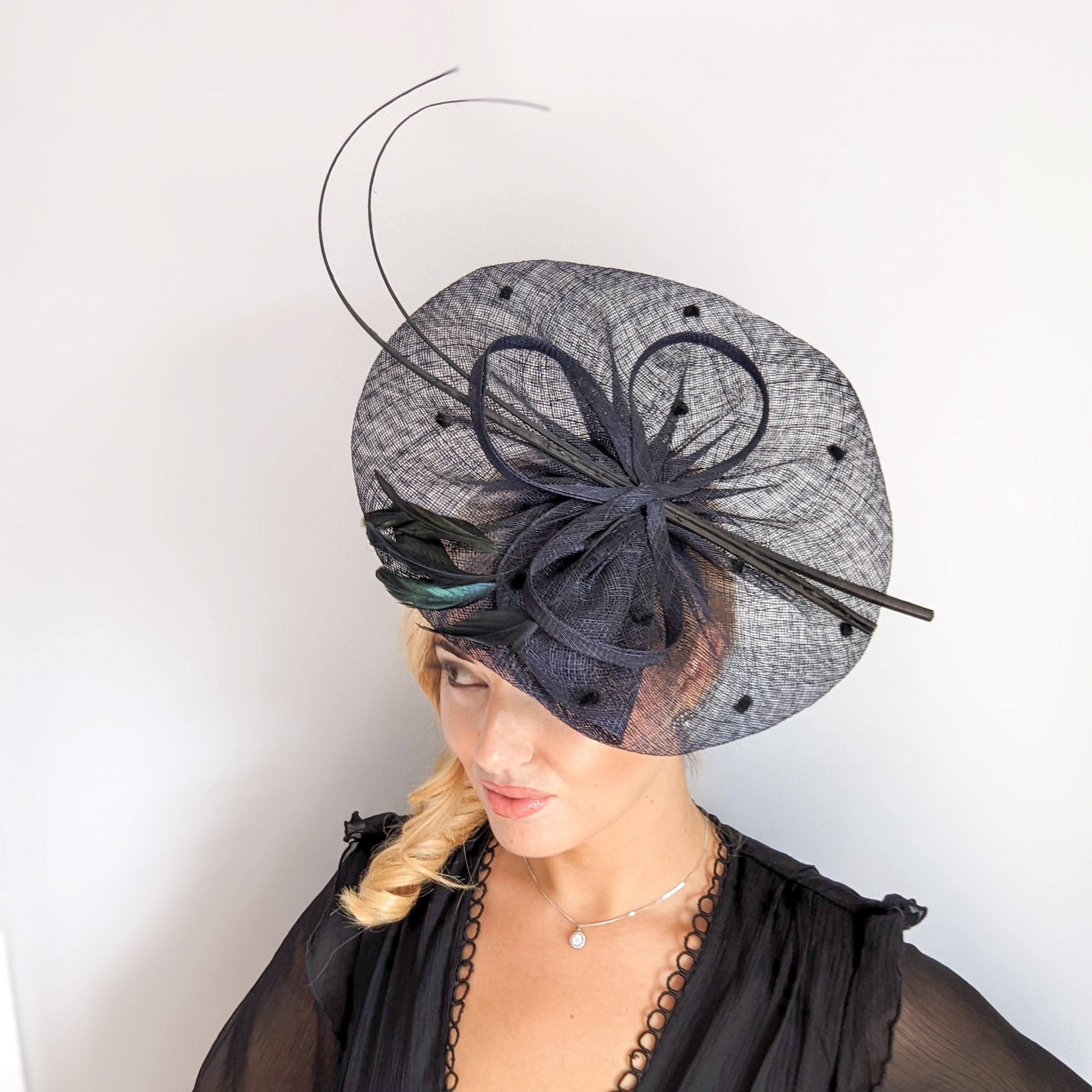 Navy blue large feather polka dot saucer disc fascinator hat Navy blue large feather polka dot saucer disc fascinator hat