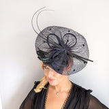 Navy blue large feather polka dot saucer disc fascinator hat Navy blue large feather polka dot saucer disc fascinator hat