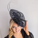Navy blue large feather polka dot saucer disc fascinator hat Navy blue large feather polka dot saucer disc fascinator hat