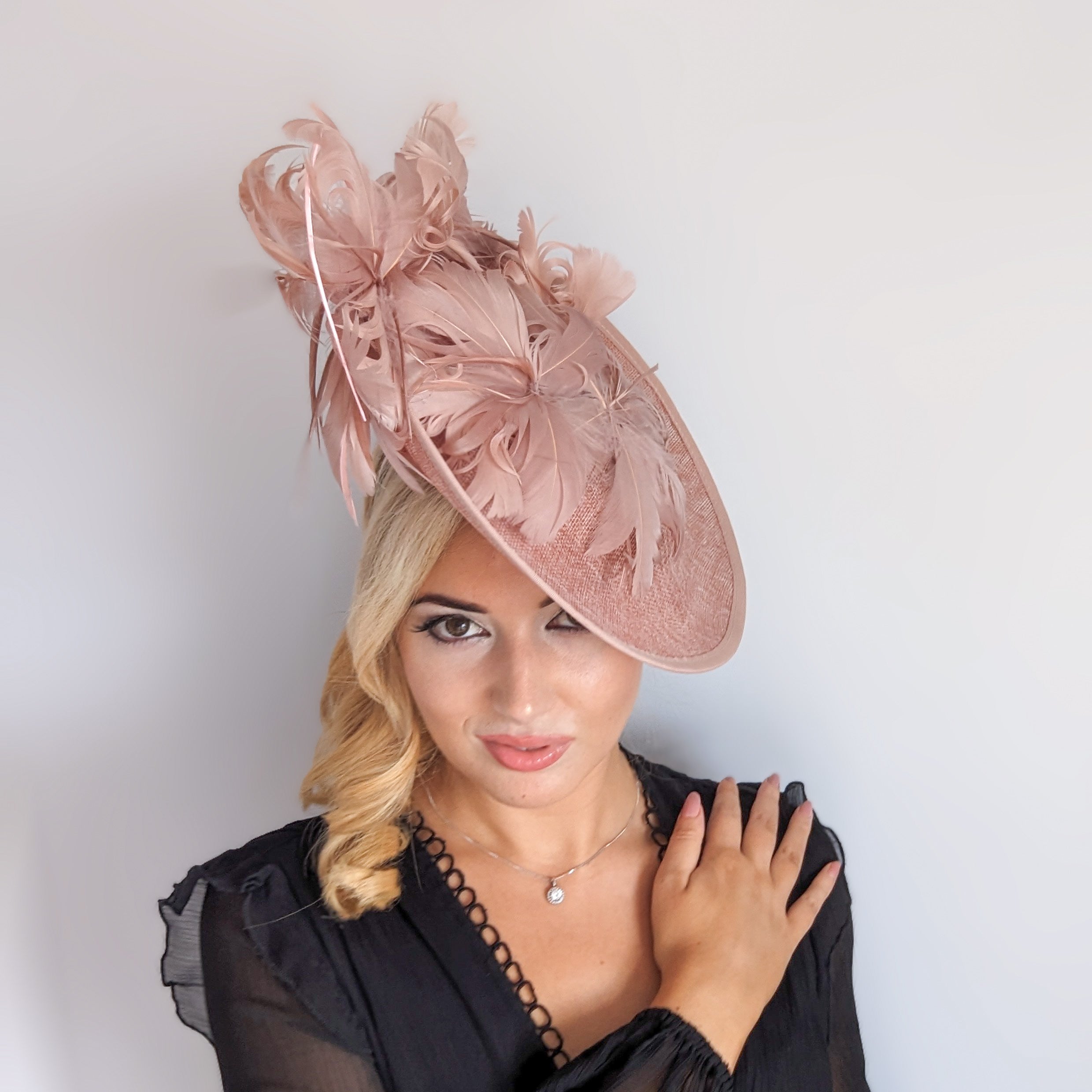 Blush pink large feather saucer disc fascinator hat Blush pink large feather saucer disc fascinator hat