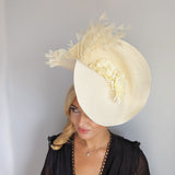 Cream large woven straw flower feather fascinator hat Cream large woven straw flower feather fascinator hat