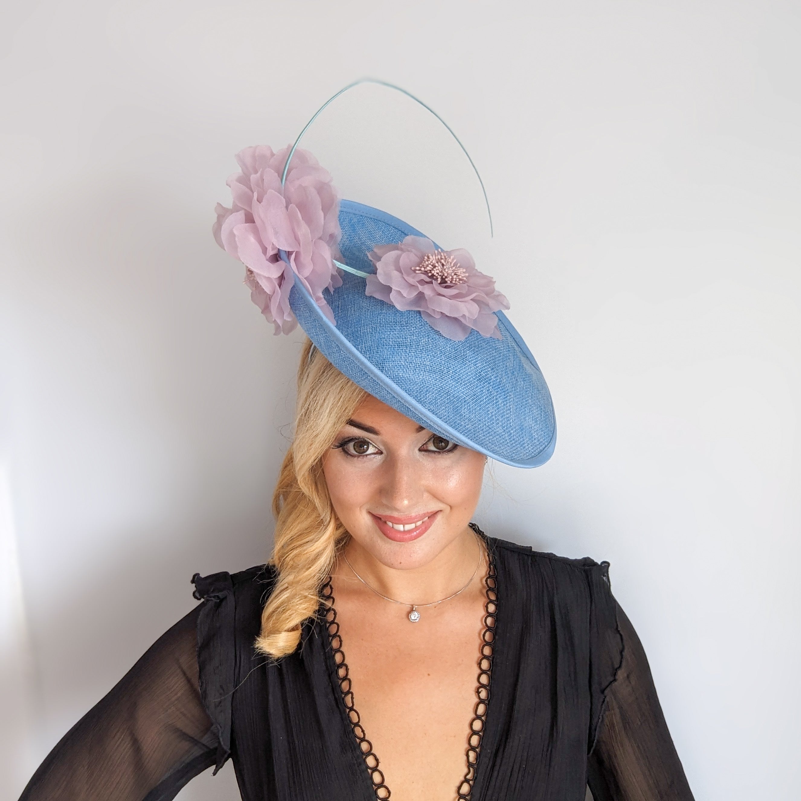 Light cornflower blue and pink large flower saucer disc fascinator hat Light cornflower blue and pink large flower saucer disc fascinator hat
