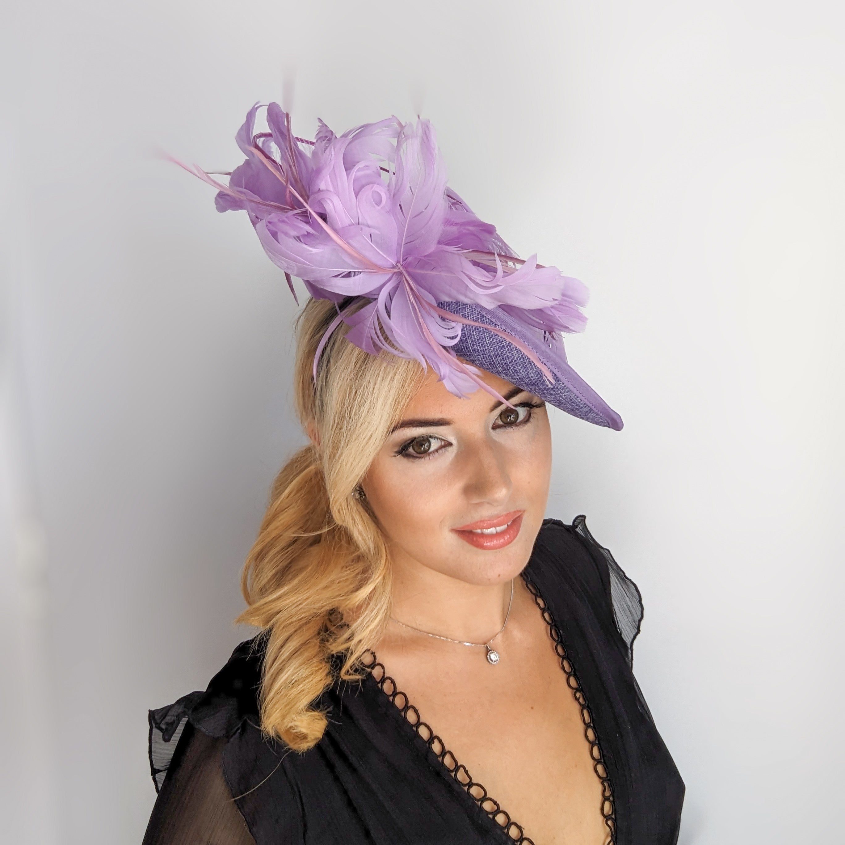Lavender purple and lilac feather large saucer disc fascinator hat