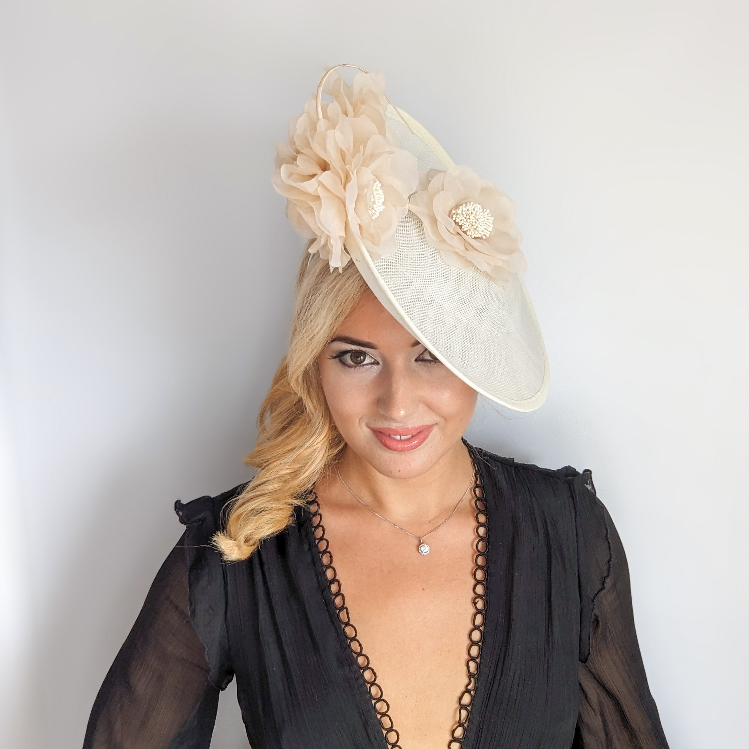 Cream large flower saucer disc fascinator hat Cream large flower saucer disc fascinator hat