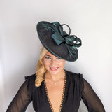 Dark emerald green feather large saucer disc fascinator hat Dark emerald green feather large saucer disc fascinator hat