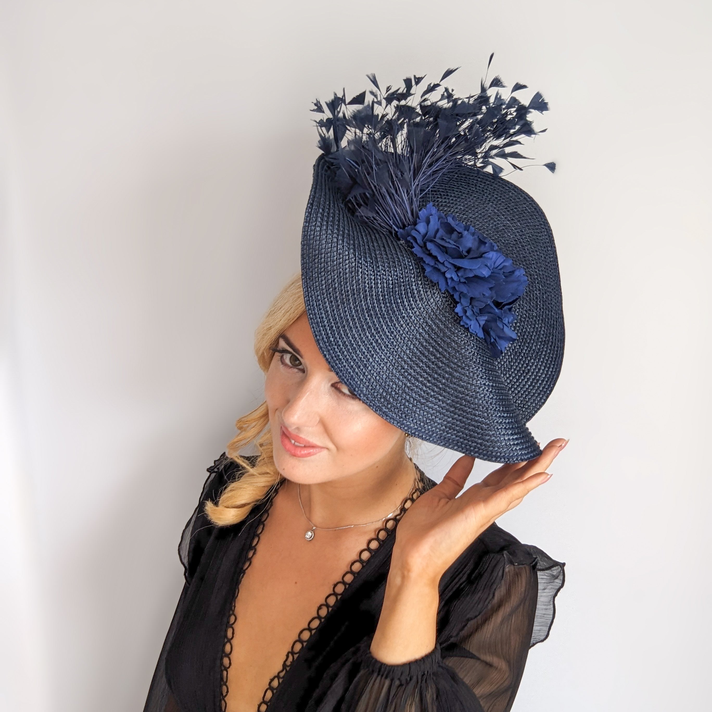 Navy blue large woven straw flower feather fascinator hat Navy blue large woven straw flower feather fascinator hat