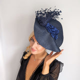Navy blue large woven straw flower feather fascinator hat Navy blue large woven straw flower feather fascinator hat