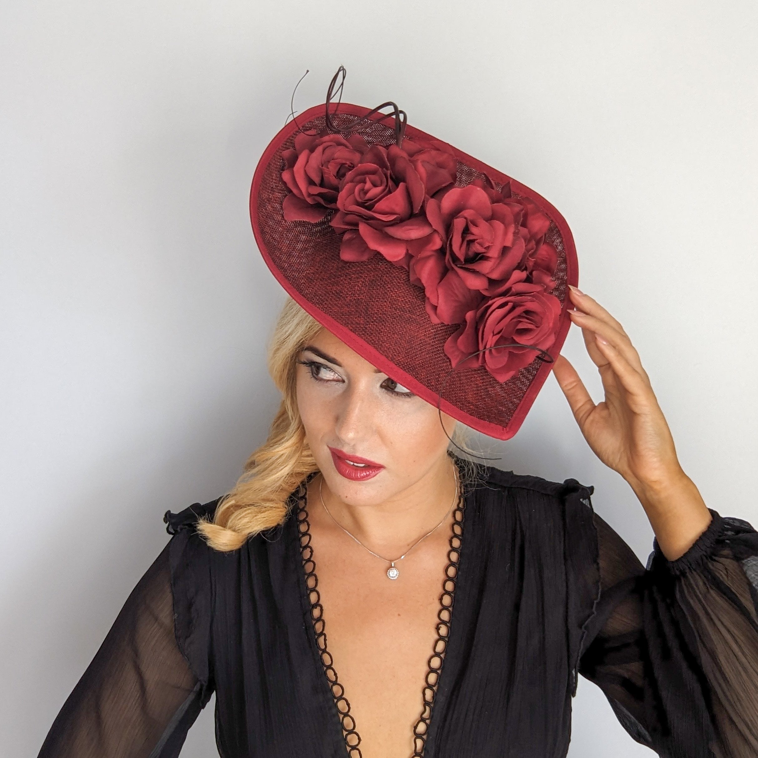 Burgundy large teardrop rose flower fascinator hat Burgundy large teardrop rose flower fascinator hat