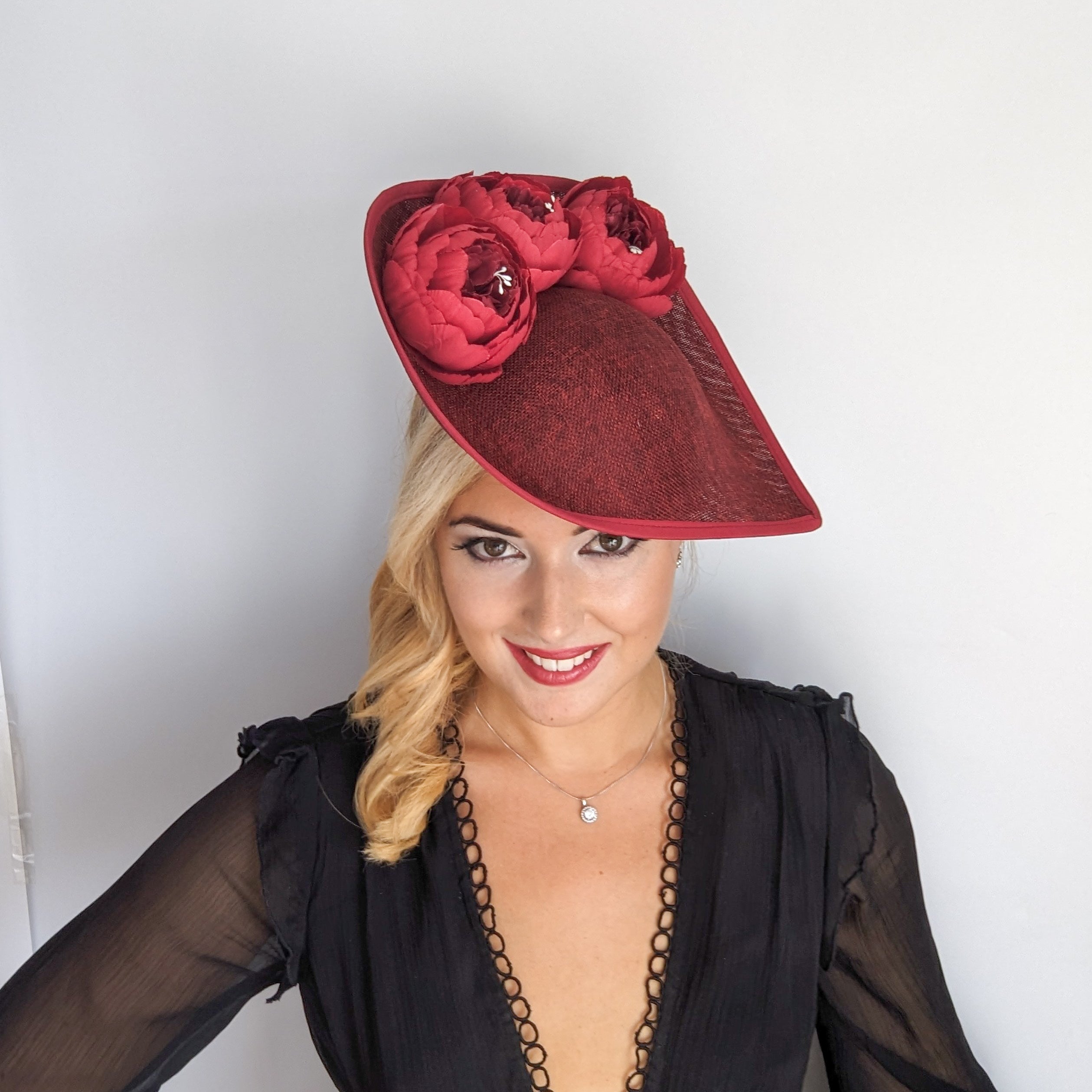 Burgundy large teardrop peony flower fascinator hat Burgundy large teardrop peony flower fascinator hat