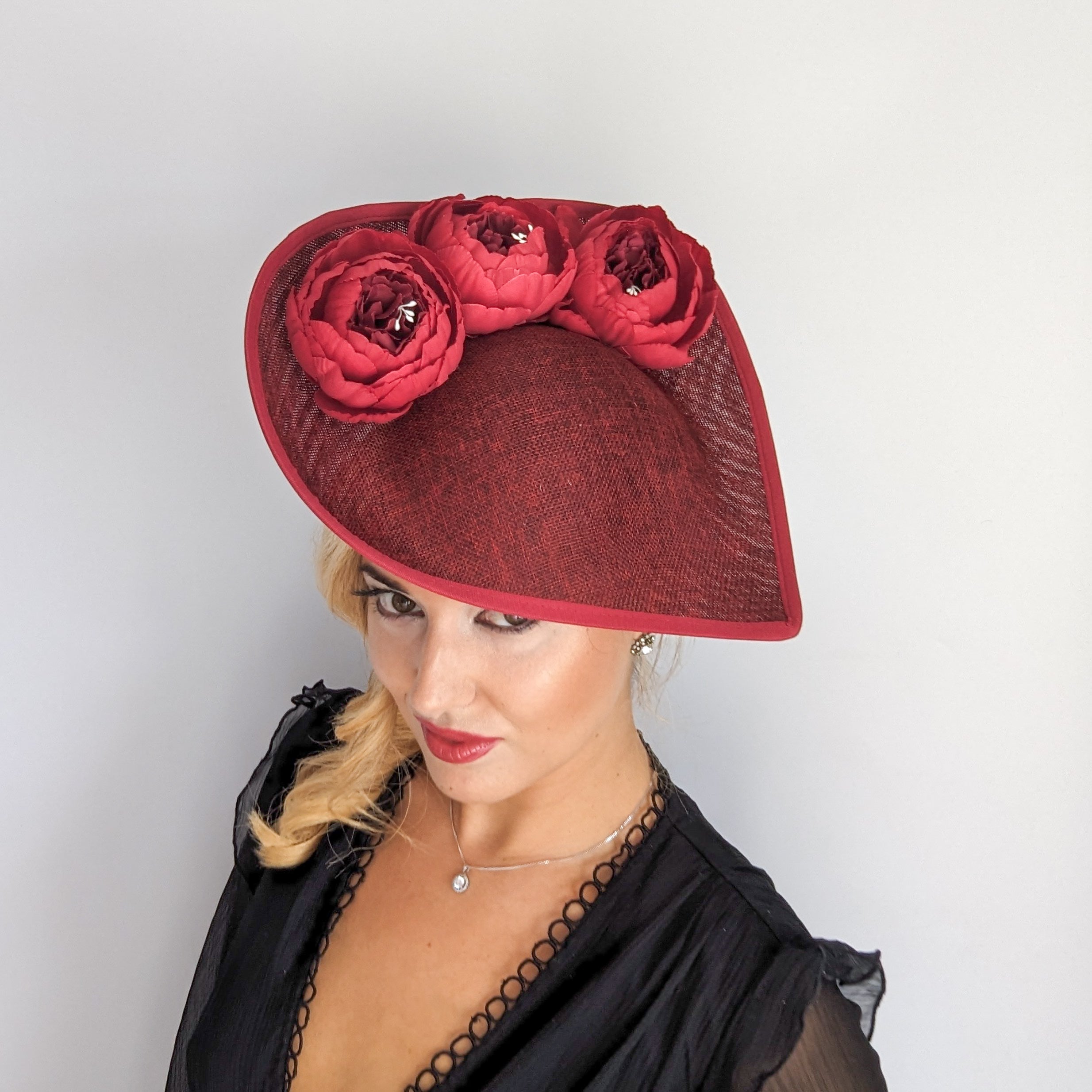 Burgundy large teardrop peony flower fascinator hat