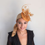 Golden yellow crystal feather fascinator hat
