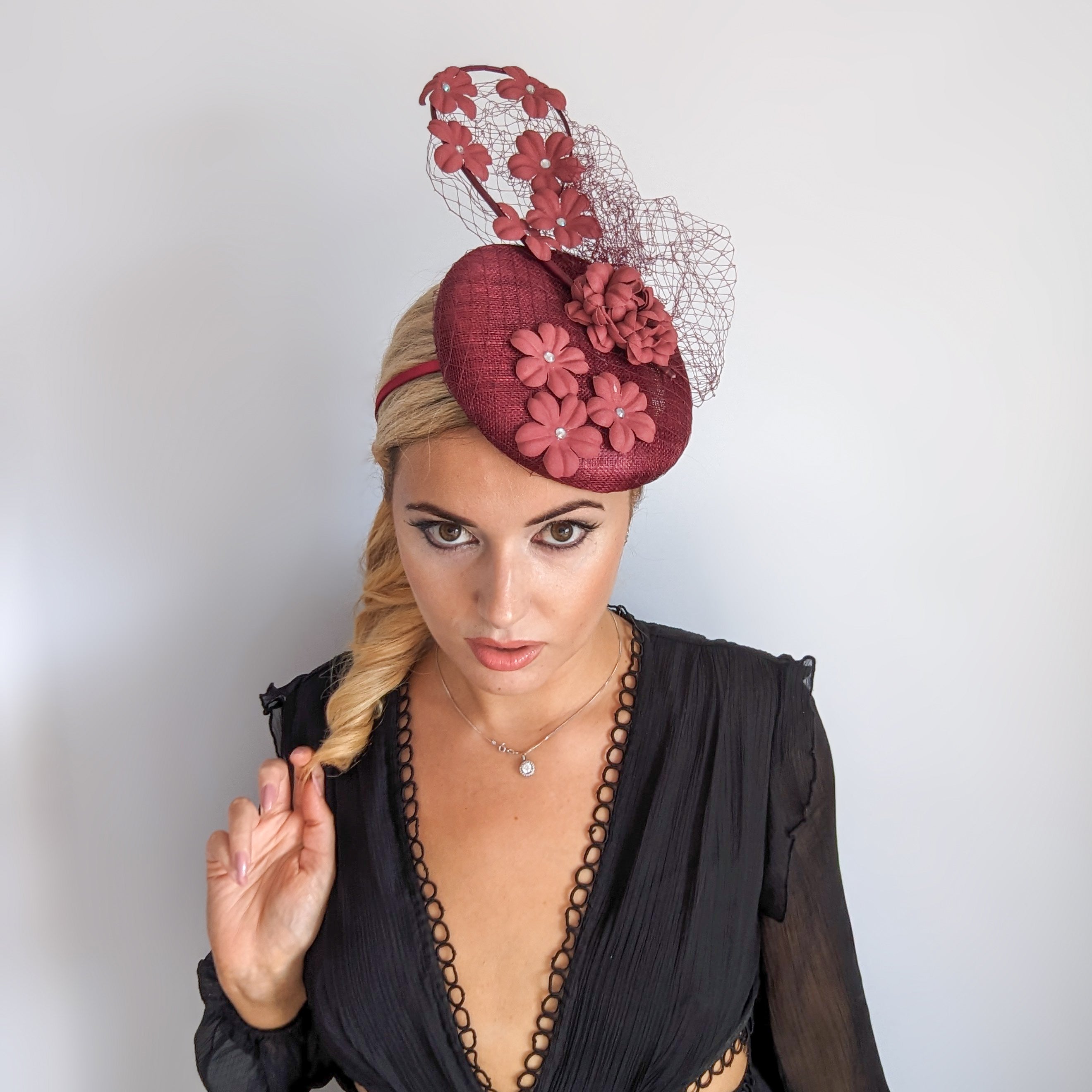 Burgundy flower fascinator hat Burgundy flower fascinator hat