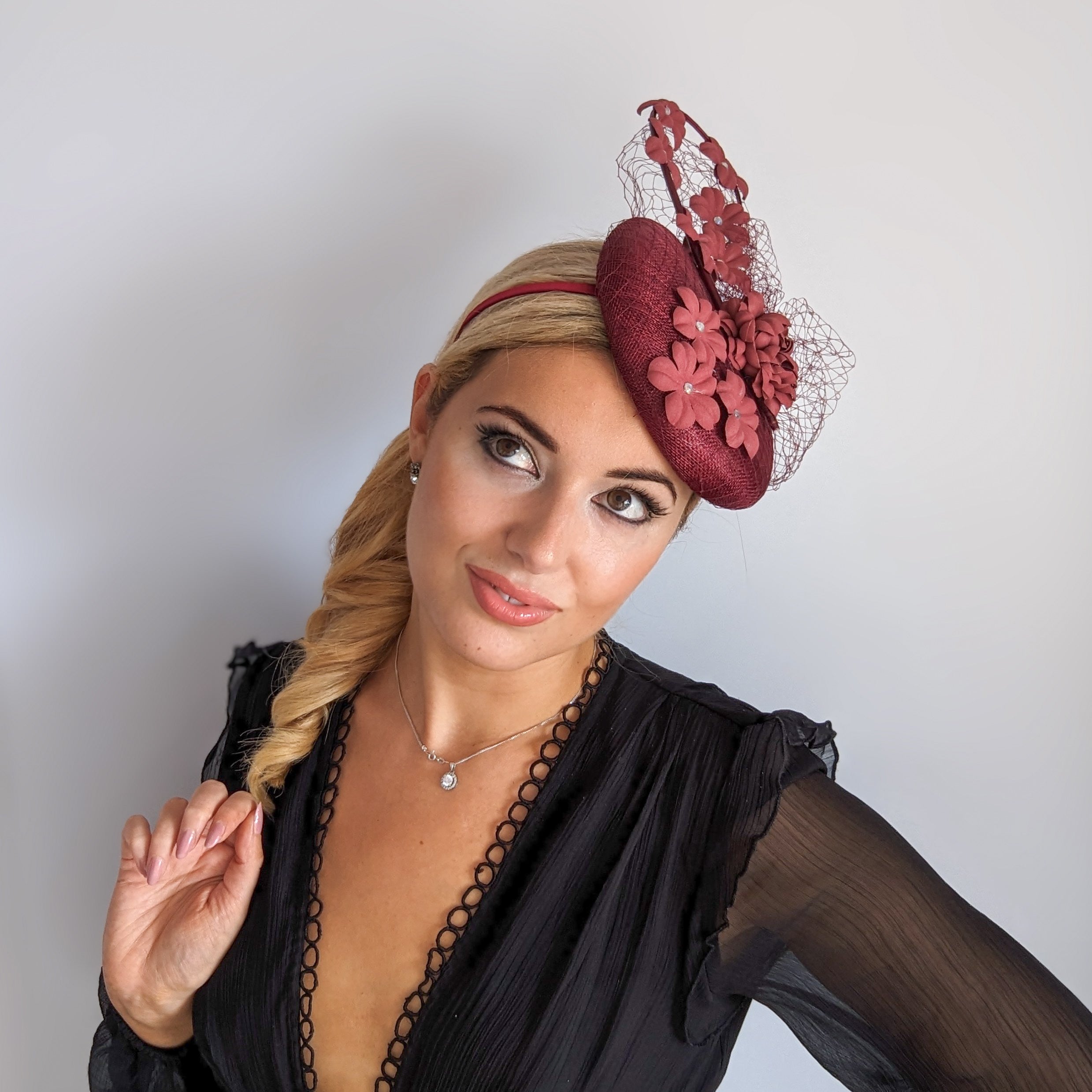 Burgundy flower fascinator hat Burgundy flower fascinator hat
