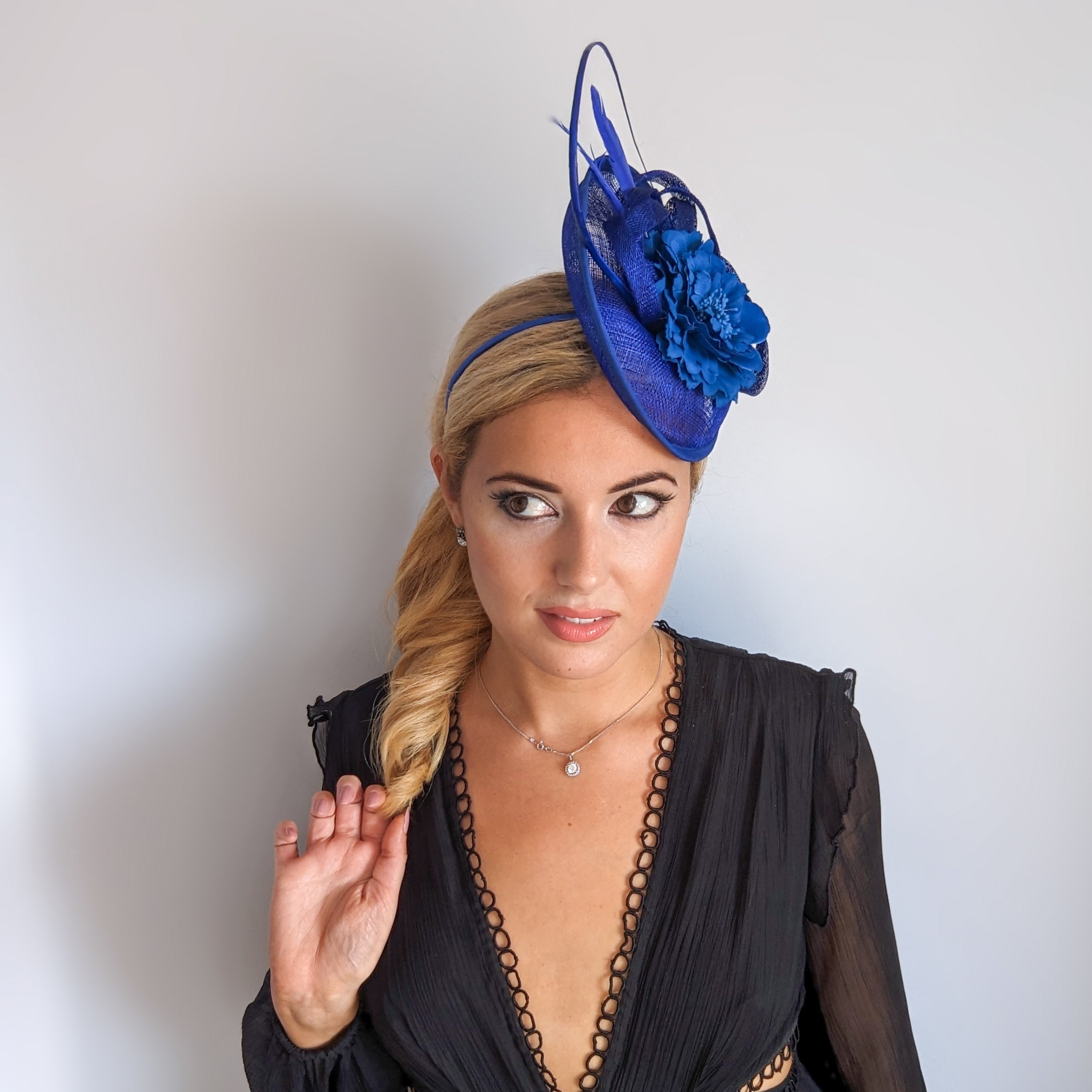 Royal cobalt blue flower feather disc saucer fascinator hat Royal cobalt blue flower feather disc saucer fascinator hat